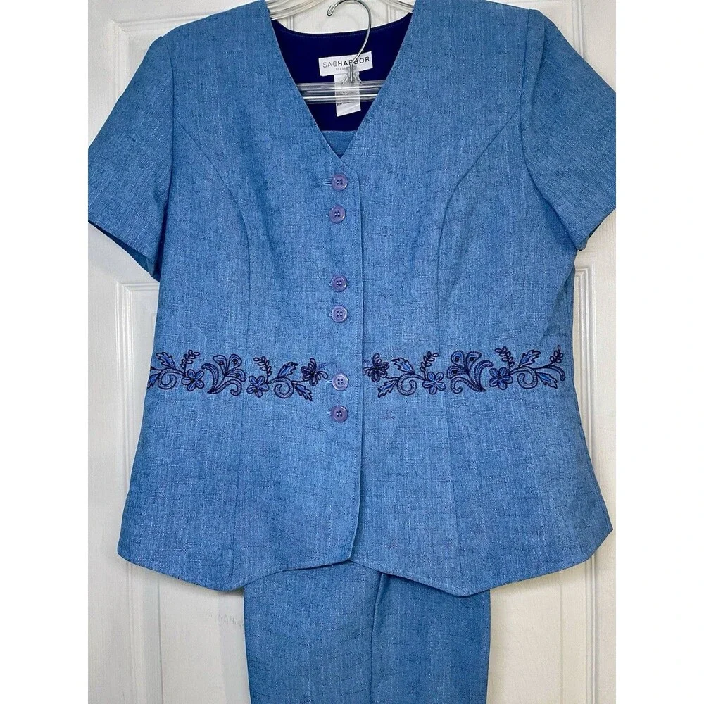 Vintage Sag Harbor Blue Sz12P 2 Piece Pant Set Button Short Sleeve Jacket